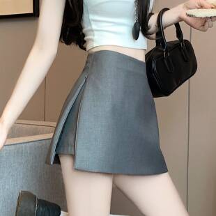 灰色西装侧开短裙女春夏高腰显瘦包臀裙开叉a字半身裙小个子0117w