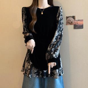 洋气减1012z 胖mm中长款 秋冬碎花拼接假两件黑色金丝绒衬衫 女大码