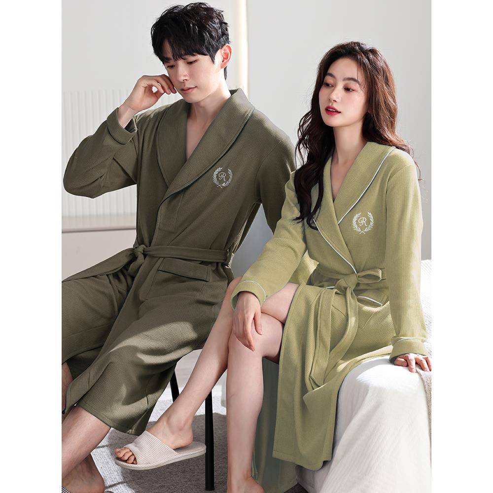 秋冬华夫格情侣浴袍女秋季中长款大衣男士睡袍薄款大码家居1009c