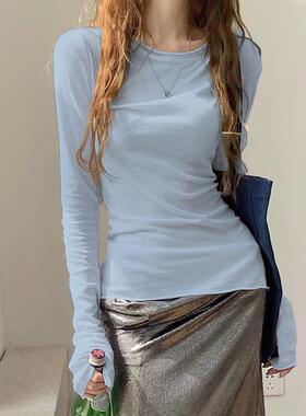 2026初春卷边感浅蓝色打底衫修身甜辣长袖上衣薄款T恤0105w