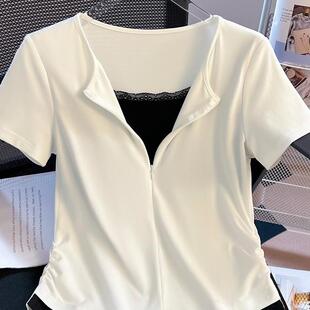 短袖 甜美蕾丝花边拼接假两件拉炼炼收腰甜辣修身 T恤0318d 新款 夏款