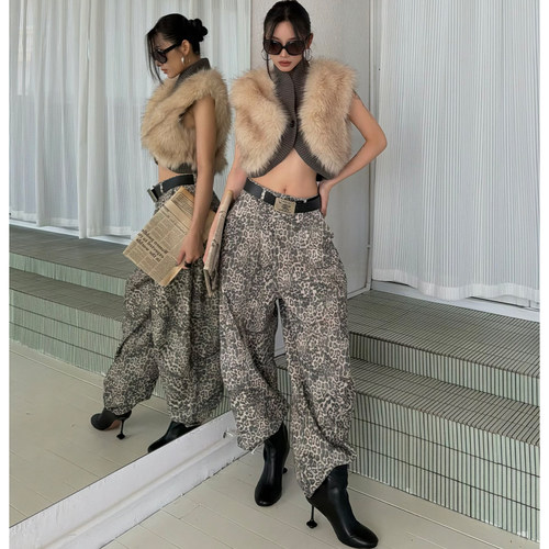 FYFTHX美式复古豹纹阔腿裤弯刀裤