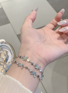 S925纯银镀白金蝴蝶结抽拉手链女高级感ins小众设计闺蜜锆石手饰