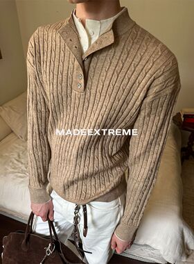 【EME】秋冬松弛感假两件双层亨利领麻花粗条纹针织衫毛衣男女