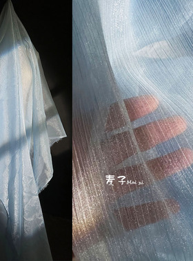 线条肌理水波纹压褶闪光网纱布料 条纹汉服连衣裙服装设计师面料