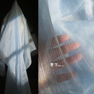 线条肌理水波纹压褶闪光网纱布料 条纹汉服连衣裙服装设计师面料