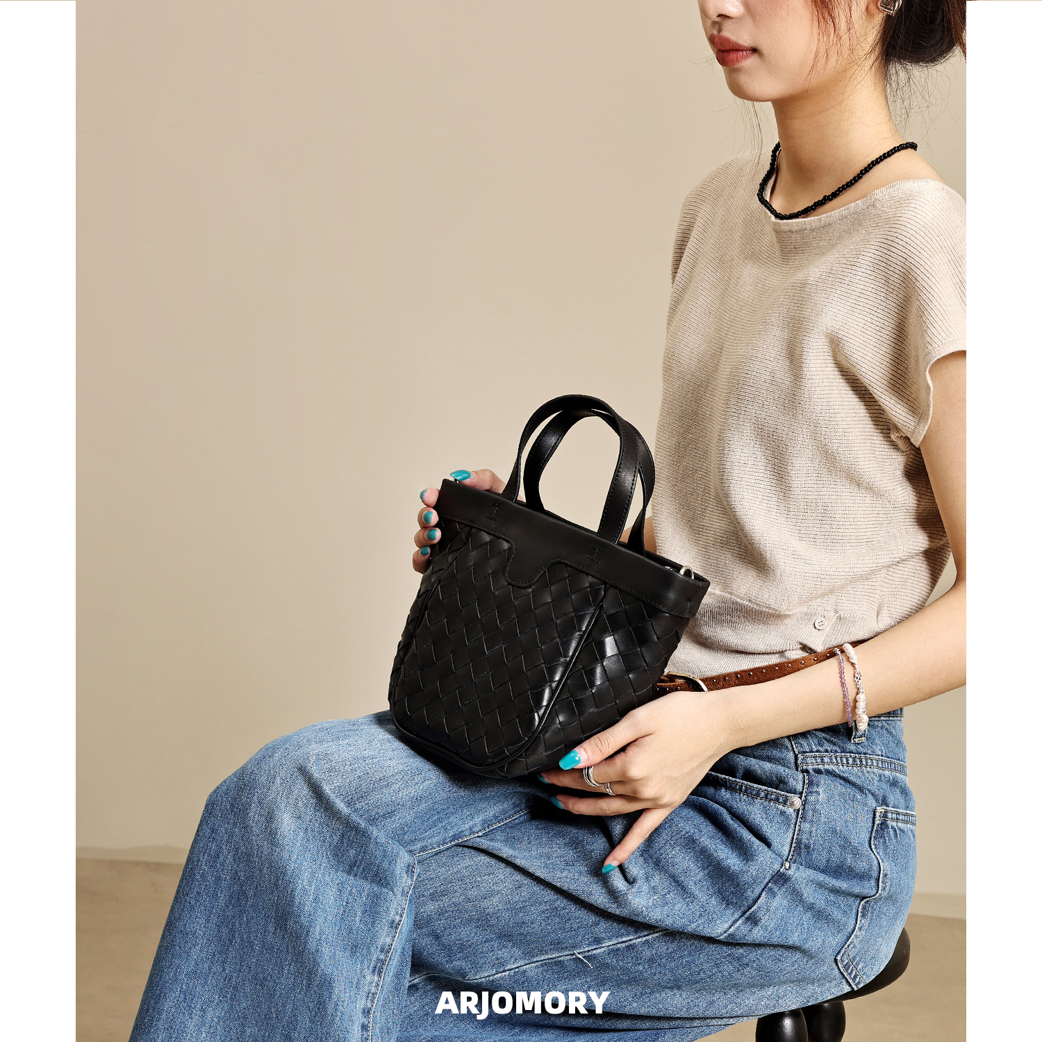 ARJOMORY小众设计百搭头层牛皮手工编织菜篮子包女2025新款斜挎包