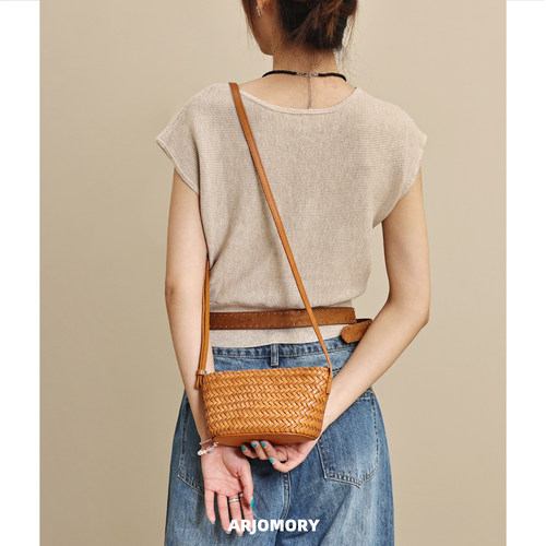 ARJOMORY原创设计高级感头层牛皮手工编织菜篮子包女2026斜挎小包