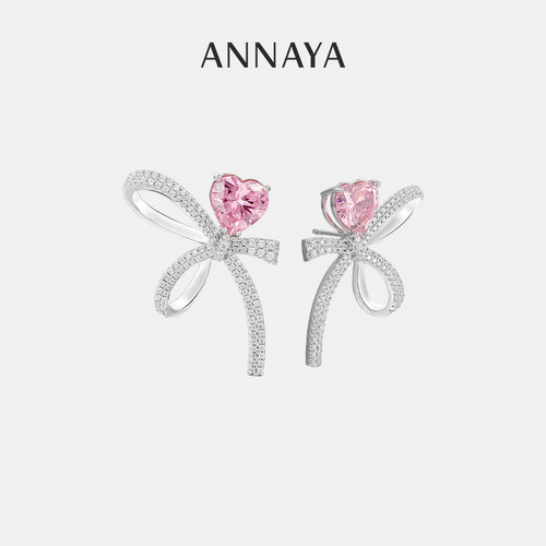 浪漫粉色锆石爱心蝴蝶结耳环小众