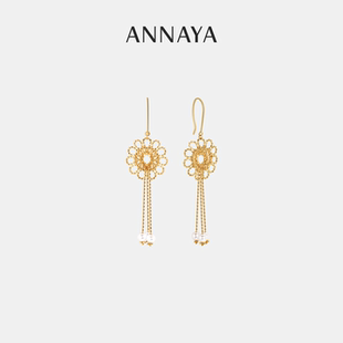 Annaya蕾絲小花18K金耳環耳鉤小眾花朵耳飾百搭 不支持無理由