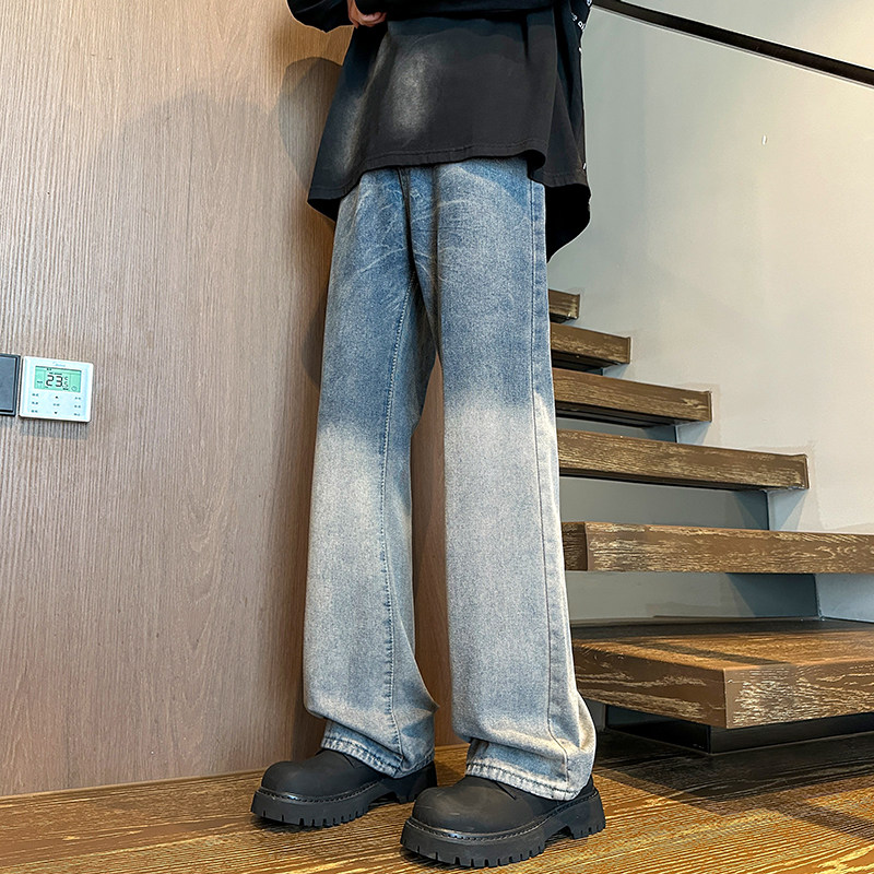 美式高街潮牌渐变色阔腿牛仔裤男直筒宽松裤子A166-N585-P50控85,男装牛仔裤,电商A166