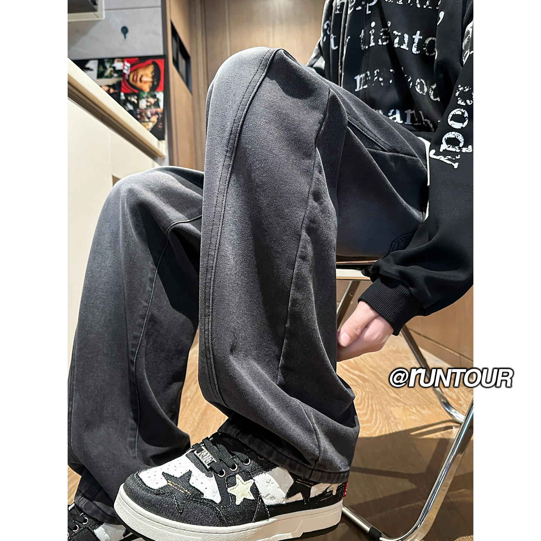 复古阔腿弯刀牛仔裤男美式直筒宽松休闲裤A166-NA4J01-P45控75,男装牛仔裤,电商A166