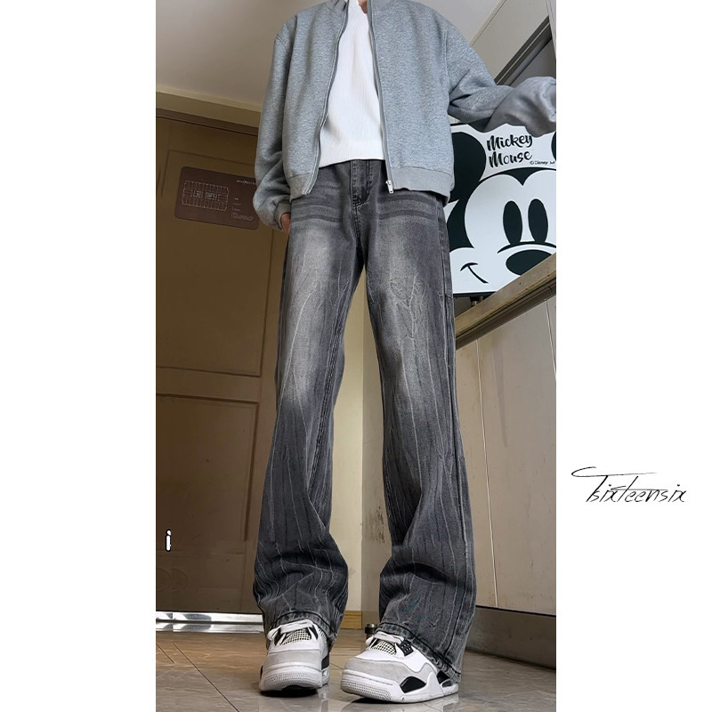 闪电纹微喇牛仔裤男水洗宽松高街休闲裤子A166-NA5813-特P40控75