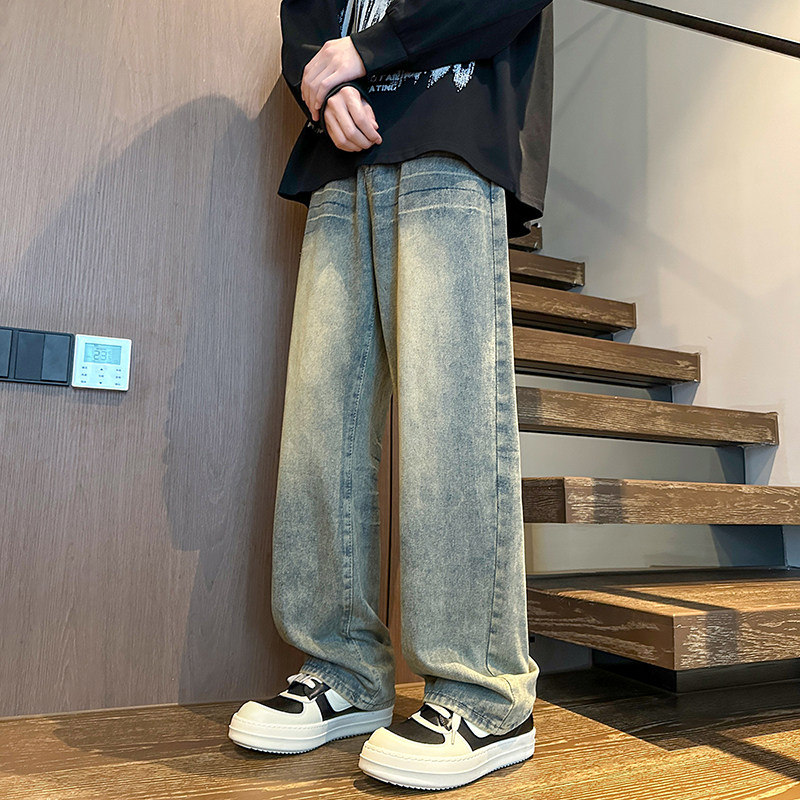 美式高街做旧牛仔裤男秋款水洗复古猫须直筒裤A166-N598-P50控85图片