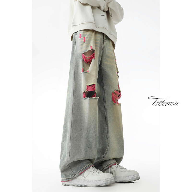 美式破洞牛仔裤男2026春季水洗阔腿直筒裤A166-NA5406-特P45控89，男装牛仔裤，电商A166