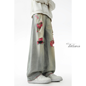 美式破洞牛仔裤男2026春季水洗阔腿直筒裤A166-NA5406-特P45控89，男装牛仔裤，电商A166