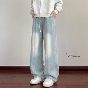 猫抓牛仔裤男秋冬美式高街阔腿拼接长裤A166-K006-P50加绒60控78