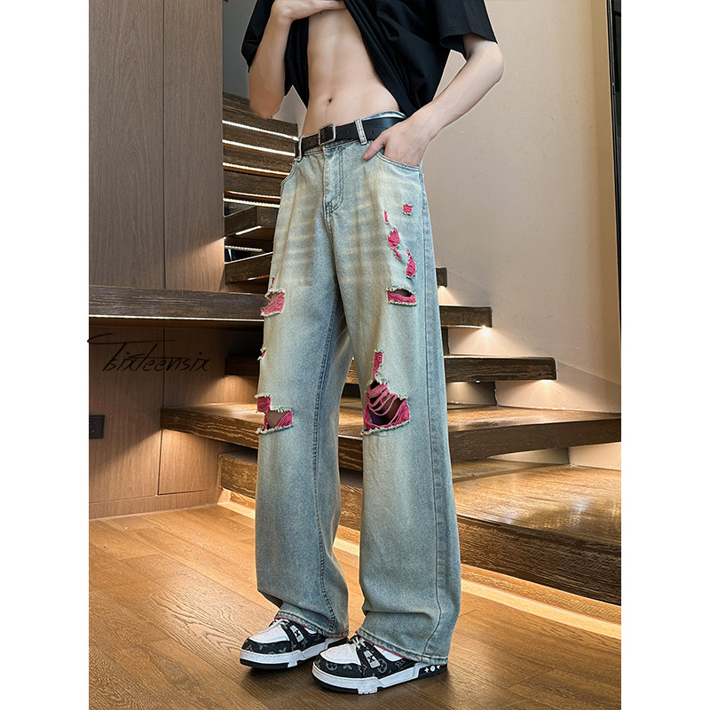 高街破洞牛仔裤男夏季美式复古宽松阔腿裤A166-NA5406-特P45控89图片