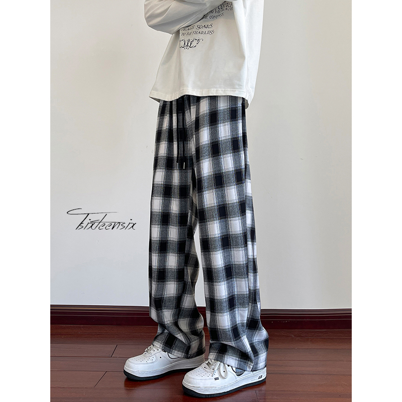 裤子男春秋季痞帅黑白格子长裤宽松直筒休闲裤A166-KZ82-P55控78，男装休闲裤，电商A166