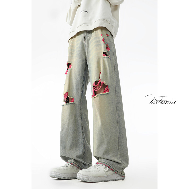 美式复古破洞牛仔裤男2026春季宽松直筒裤A166-NA5406-特P45控89，男装牛仔裤，电商A166