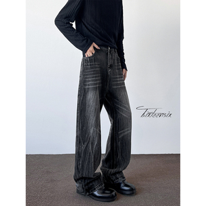 美式爆裂闪电纹黑牛仔裤男潮牌磨白直筒裤A166-NA5604-特P40控78，男装牛仔裤，电商A166