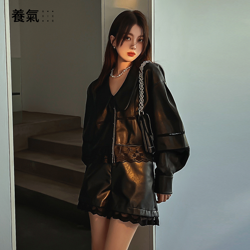 养气设计师品牌时尚个性柔软舒适PU拼接蕾丝长袖衬衫外套女