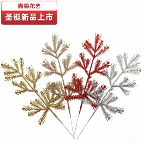 新款跨境圣诞仿真圣诞装饰摆件16厘米仿真金粉爱心凤尾叶片