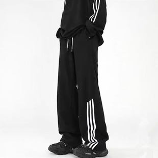 束脚休闲裤 美式 小个子加绒窄版 子女秋冬宽松阔腿三条杠卫裤 运动裤