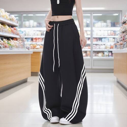 条纹加绒大码女慵懒宽松弯刀卫裤