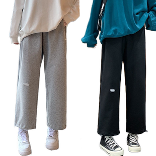 运动裤子女秋冬季宽松束脚阔腿裤直筒休闲加绒卫裤ins超火潮灰色