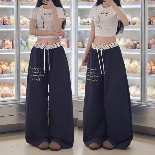 美式嘻哈大码宽松阔腿卫裤女阔腿