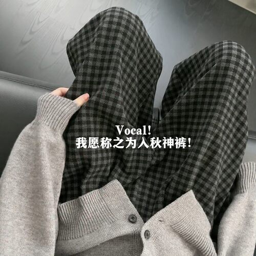 毛呢格子阔腿裤女慵懒大码休闲裤