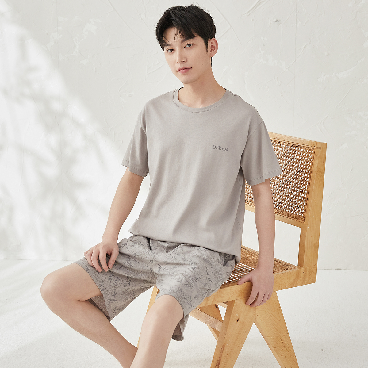 顶呱呱夏季薄款男士短袖短裤全纯棉圆领休闲可外穿睡衣家居服套装