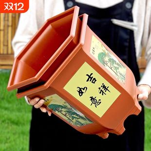 仿陶瓷树脂花盆加厚深高盆大号加厚六角兰花盆送托盘盆景盆罗汉松