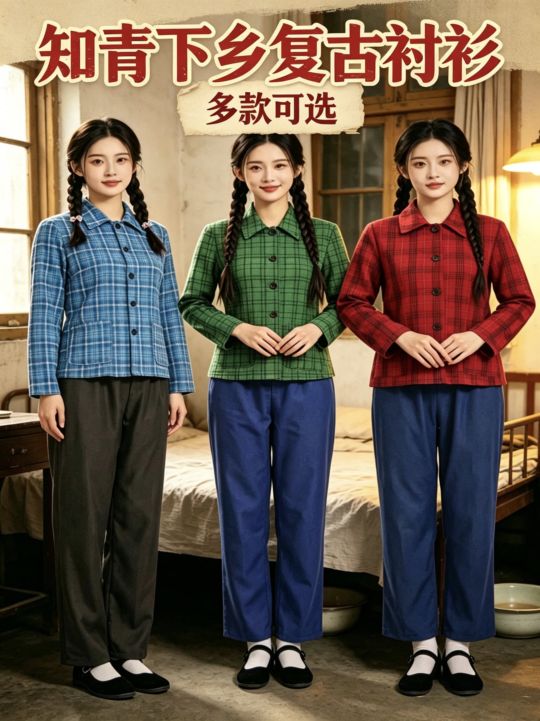 八十年代怀旧服装80复古格子上衣农村衣服老式衬衫知青村姑演出服