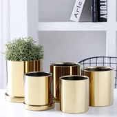 电镀陶瓷花盆带托盘插花圆形花瓶北欧家居婚房摆件金色花瓶无孔盆