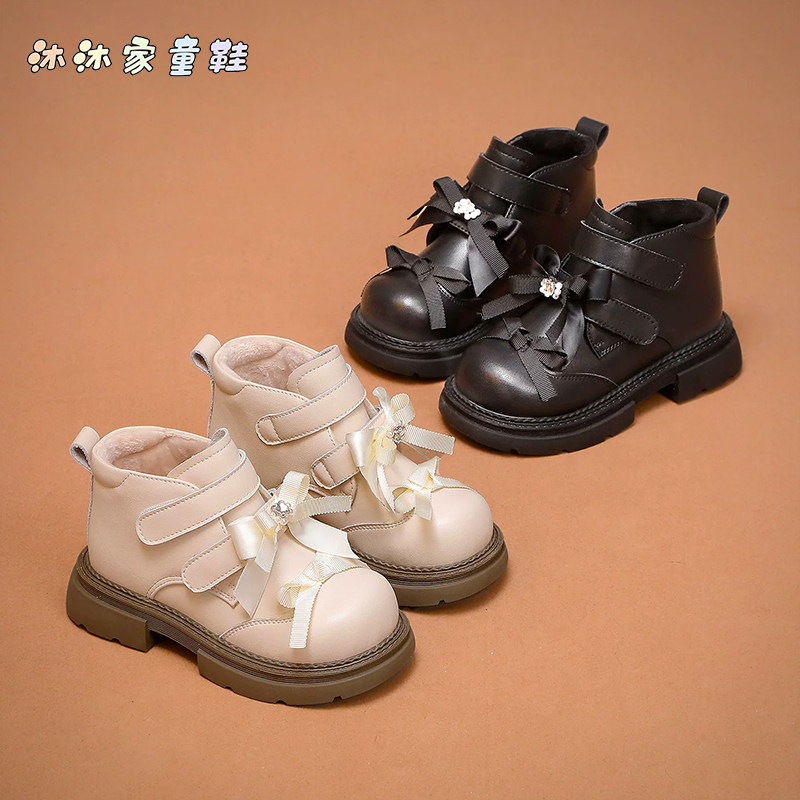 女童真皮加绒蝴蝶结马丁短靴