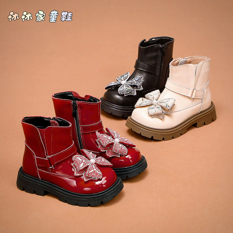 女童冬季加绒亮面水钻蝴蝶结靴
