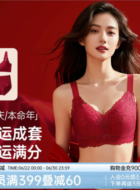 润微本命年红色内衣套装女士大胸显小马年结婚新娘大码蕾丝文胸罩