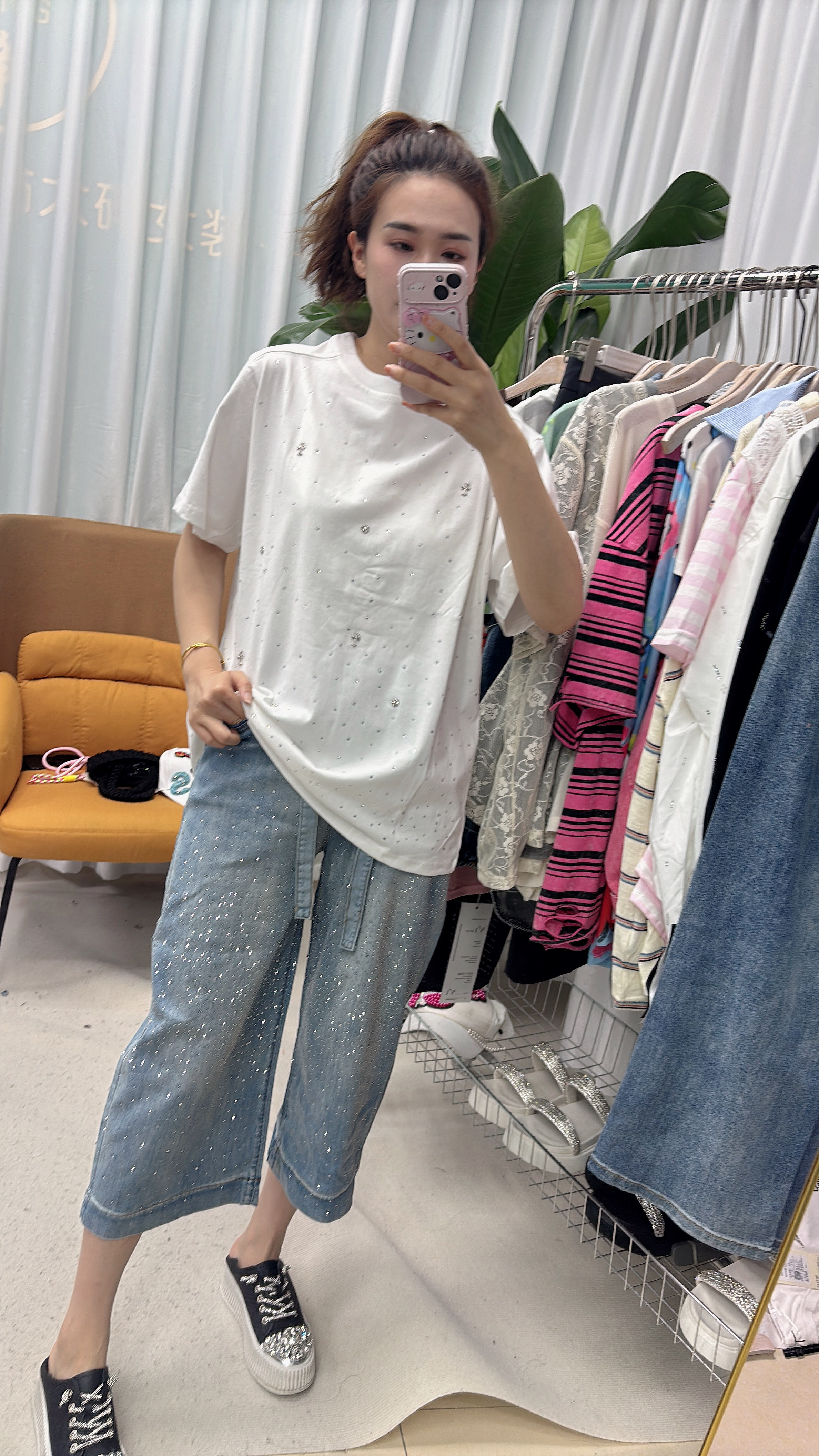 阿静家重工烫钻短袖T恤女夏季新款韩版圆领宽松中长款落肩上衣胖m