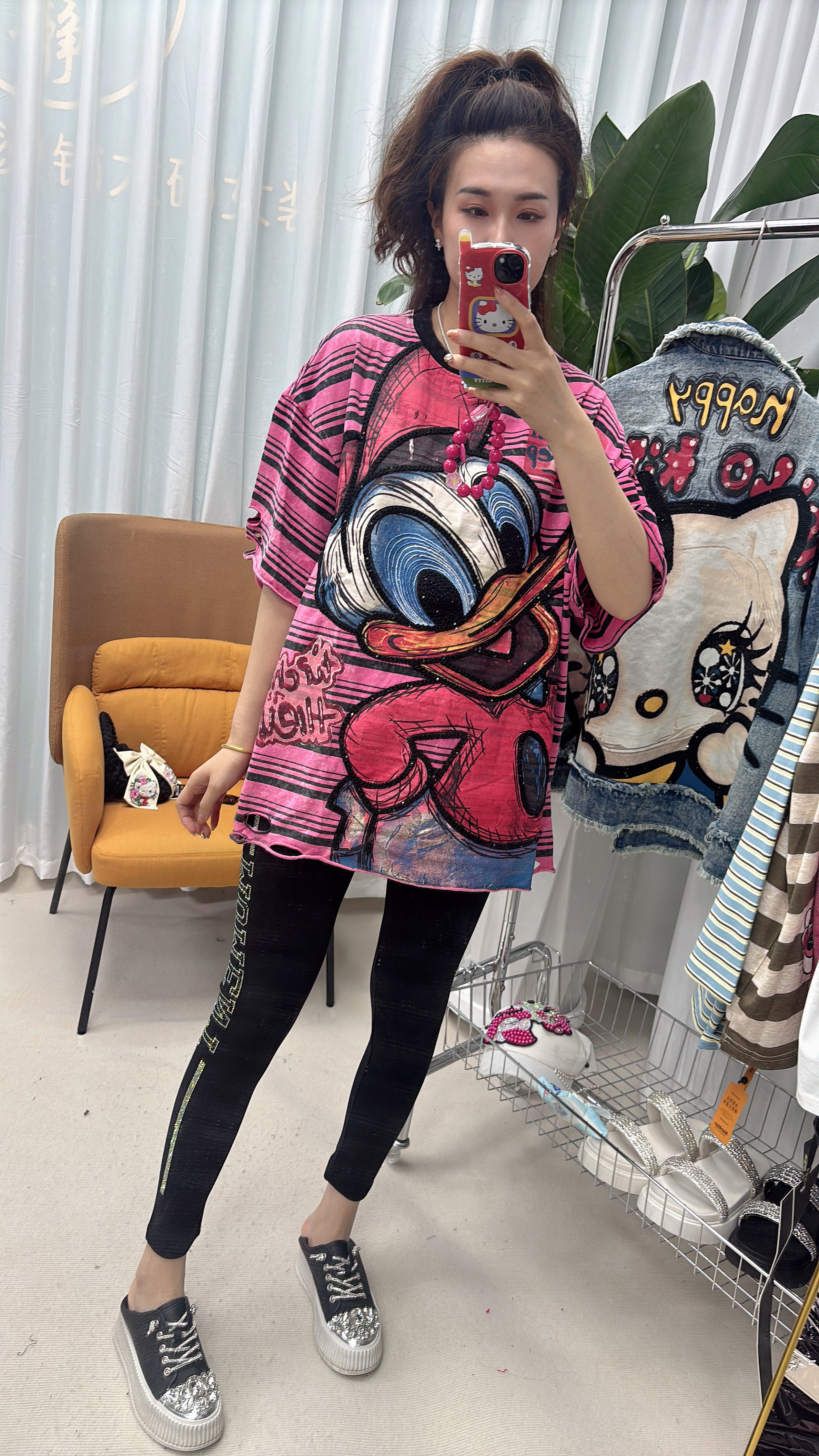 阿静家时尚重工烫钻大码女装黛西大图立体条纹横格纹半袖大衫显瘦