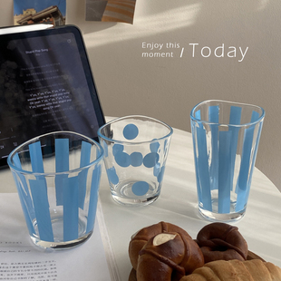 ins蓝色波点竖条纹耐热玻璃杯家用手捏冷饮果汁牛奶咖啡杯高颜值