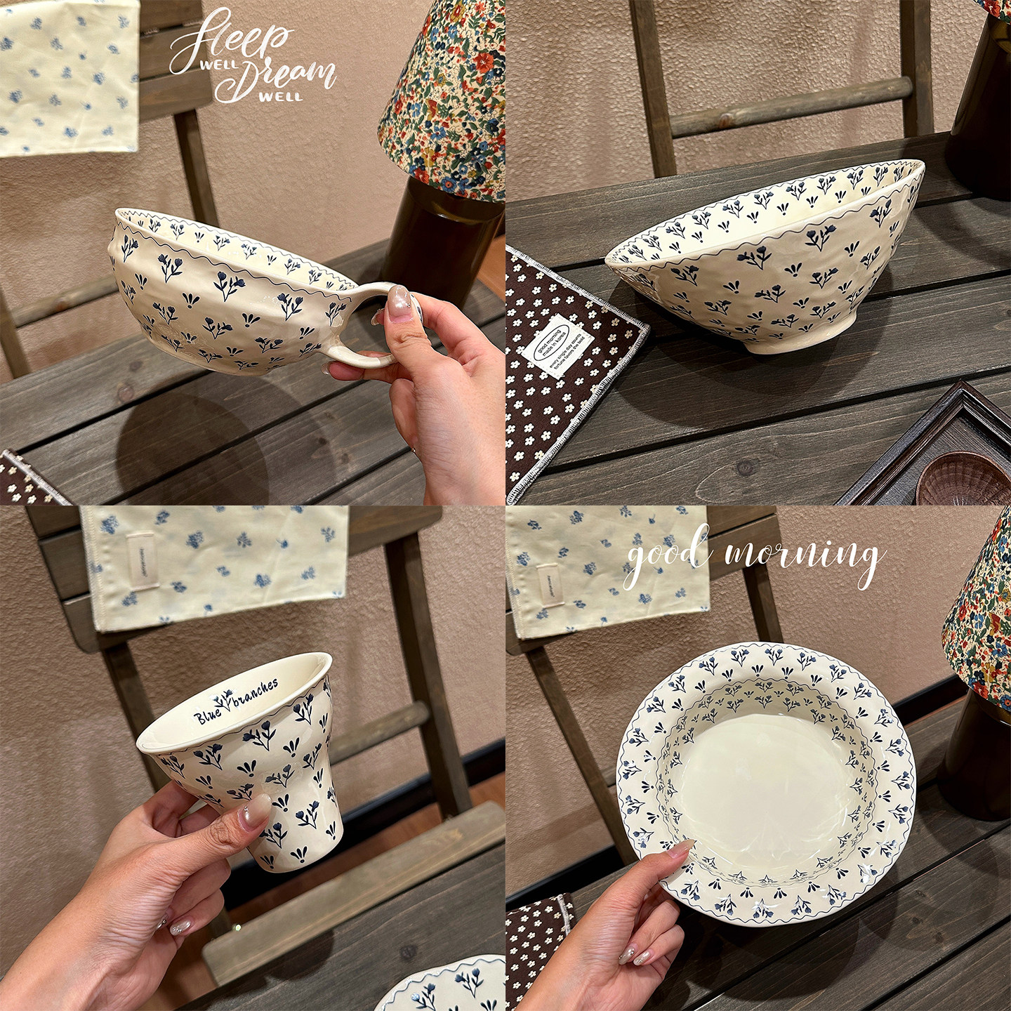 复古一枝枝陶瓷餐具套装手柄酸奶米饭碗家用菜盘大汤面碗咖啡杯