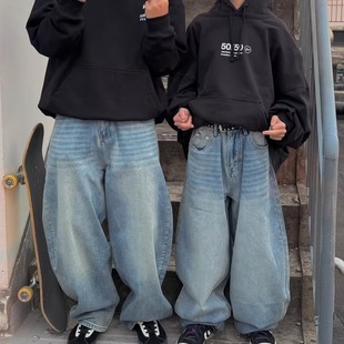 气球裤 牛仔长裤 街舞宽松老爹裤 PKS蜘蛛网滑板弯刀水洗浅蓝牛仔裤
