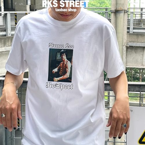 PKS原创Respect李小龙BruceLee印花街头滑板街舞T恤夏季白色短袖t