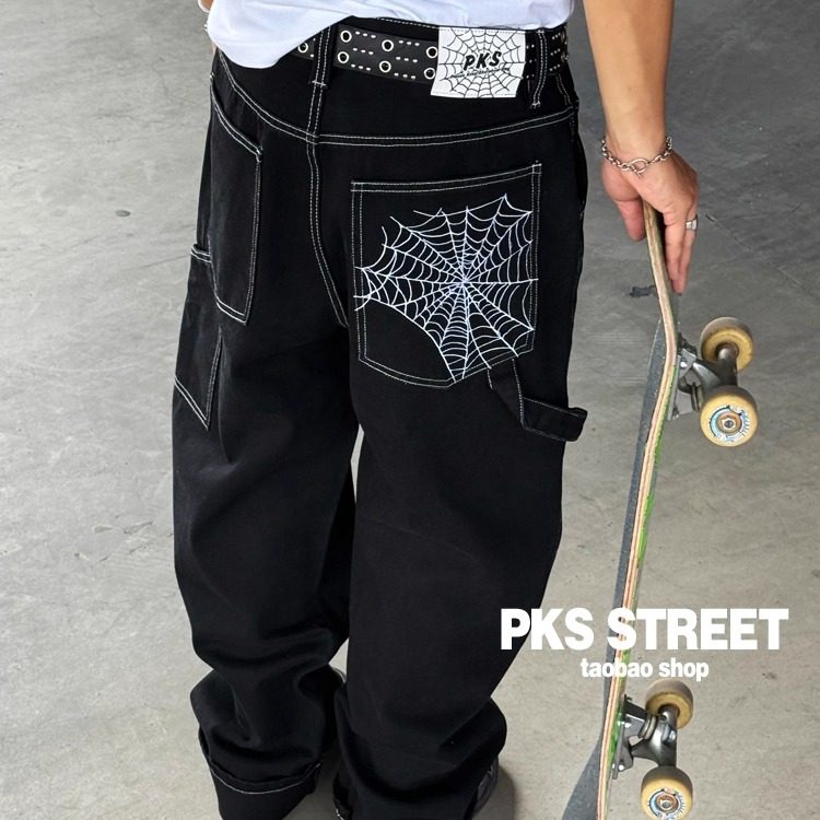 蜘蛛网工装滑板直筒牛仔裤街舞Skatebigboy宽松老爹阔腿牛仔长裤,男装,牛仔裤,淘宝优惠券,粉丝福利购,淘宝优惠卷