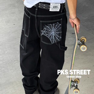 街舞Skatebigboy宽松老爹阔腿牛仔长裤 蜘蛛网工装 滑板直筒牛仔裤