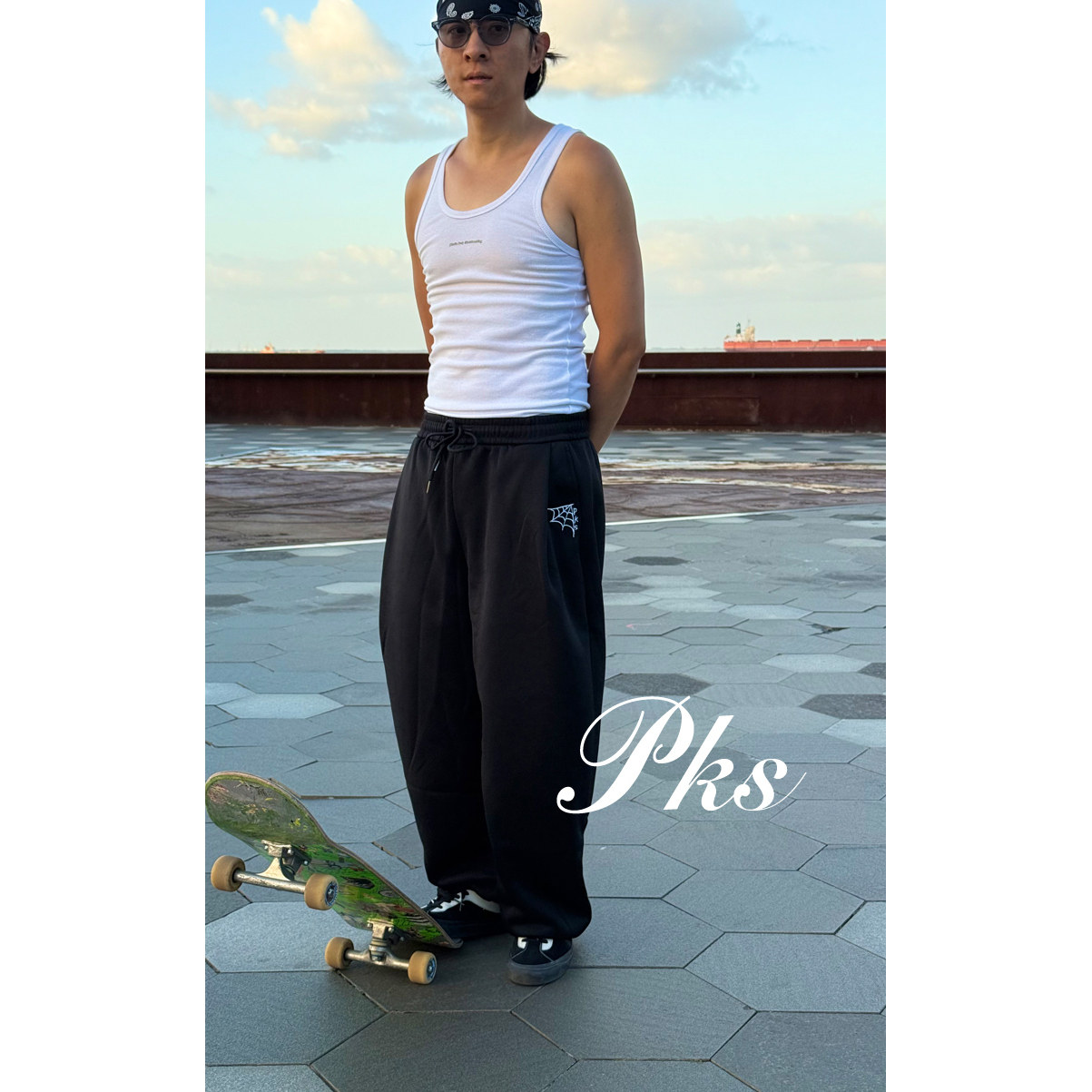 pks蛛网刺绣冬厚款滑板宽松运动裤男款街舞卫裤子黑灰束脚抽绳潮