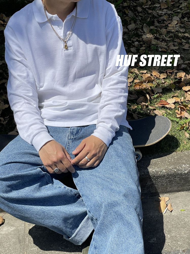 滑手必穿纯色黑白长袖t宽松polo衫街头skate滑板穿搭系列