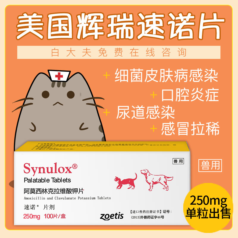辉瑞速诺片猫狗消炎阿莫西林兽用皮肤螨虫真菌消炎止痒250mg单粒